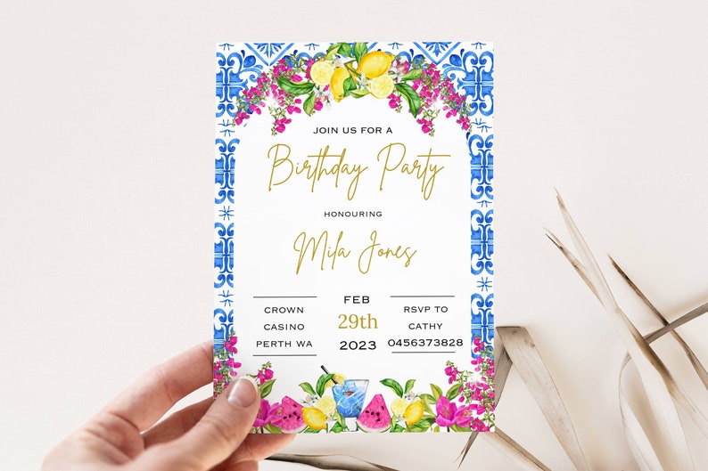 May include: A white invitation with a blue and white tile border. The invitation is for a birthday party honoring Mila Jones. The party is at Crown Casino in Perth, WA on February 29th, 2023. RSVP to Cathy at 0456373828.
