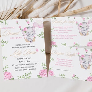 Bewerkbare babyshower uitnodigingsboeken voor baby luier loterij kaart schattige olifant babyshower afdrukbare babystrooisel nodig kleine pinda onderweg uit