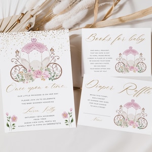 Zestaw zaproszeń na baby shower dla księżniczek, Książki dla księżniczek dla niemowląt i karta losowania pieluszek, Karta z podziękowaniami dla księżniczki, Zaproszenie na karetę dla księżniczek