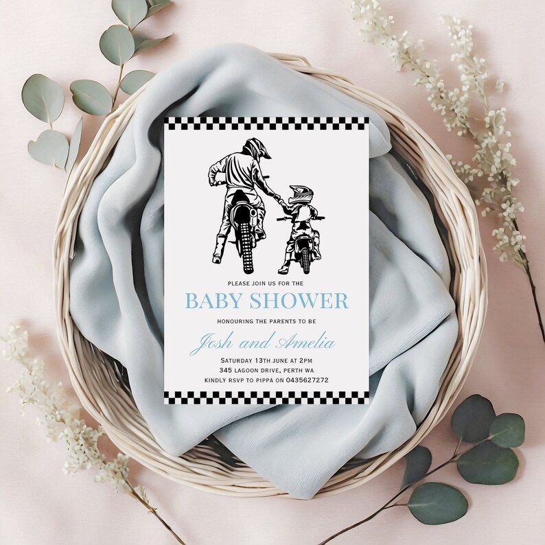 May include: A black and white illustration of two people riding dirt bikes. The text on the invitation reads "Please join us for the Baby Shower honoring the parents to be Josh and Amelia. Saturday 13th June at 2PM 345 Lagoon Drive, Perth WA Kindly RSVP to Pippa on 0435627272"