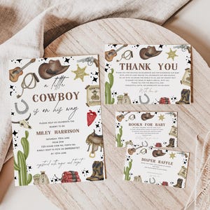 Cowboy-uitnodiging babyshower, een kleine cowboy is onderweg uitnodigen, boeken voor babykaart, cowboybedankkaart, countrywesternfeest