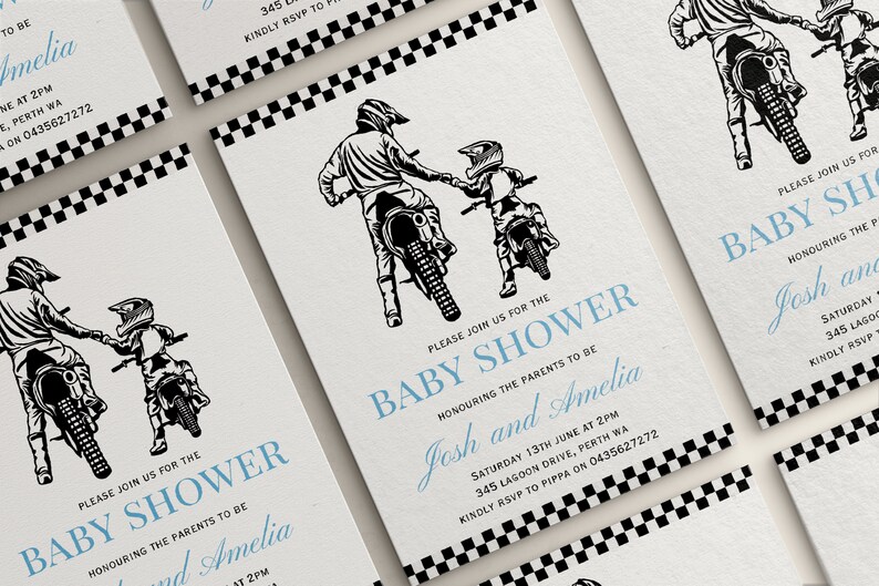 May include: A baby shower invitation with a black and white checkered border. The invitation features a black and white illustration of two people riding dirt bikes. The text on the invitation reads "Please join us for the Baby Shower honoring the parents to be Josh and Amelia. Saturday 13th June at 2pm, 345 Lagoon Drive, Perth WA. Kindly RSVP to Pippi on 0435627272."