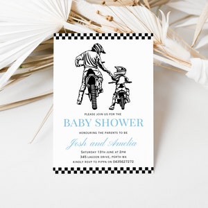 May include: A black and white illustration of two people riding motorcycles. The text on the invitation reads "Please join us for the Baby Shower Honoring the parents to be Josh and Amelia Saturday 13th June at 2pm 345 Lagoon Drive, Perth WA Kindly RSVP to Pippa on 0435627272"