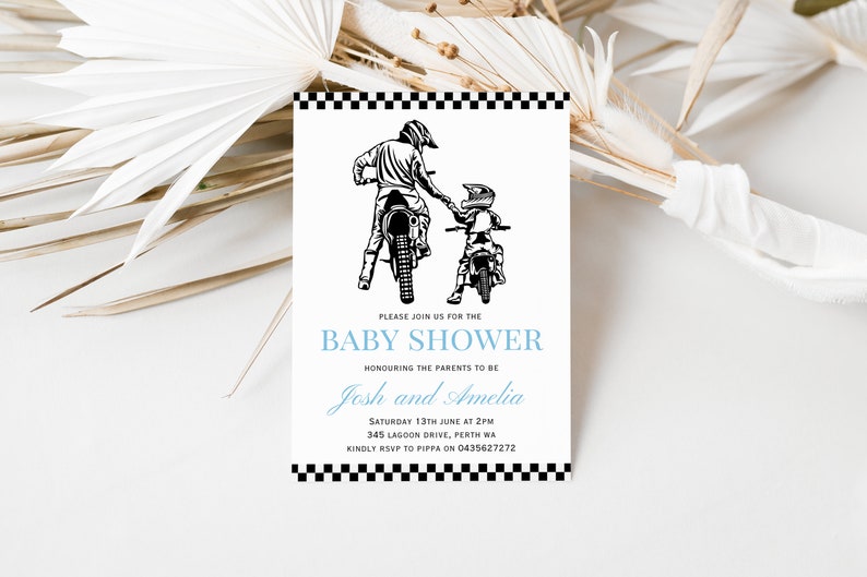 May include: A black and white illustration of two people riding motorcycles. The text on the invitation reads "Please join us for the Baby Shower Honoring the parents to be Josh and Amelia Saturday 13th June at 2pm 345 Lagoon Drive, Perth WA Kindly RSVP to Pippa on 0435627272"