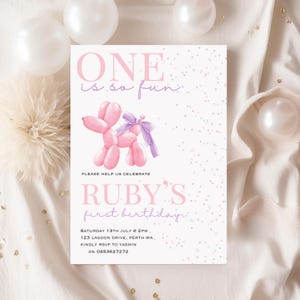 Invitación de perro con globos para el primer cumpleaños de una niña, invitación de confeti pastel, invitación con moño coqueto, uno es muy divertido, invitación de arcoíris, fiesta de globos