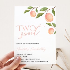 Editable Two sweet birthday invitation girls peach 2nd birthday party printable invite a sweet one invite fruit party first birthday invite