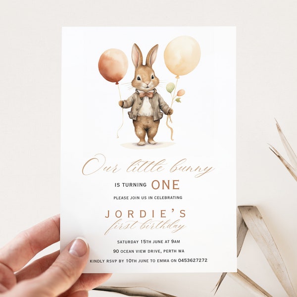 Editable A little bunny is turning one Invitation, vintage bunny Invite, Boys vintage bunny birthday party, balloons invite, some bunny is 1