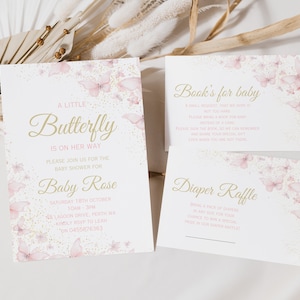 Bewerkbaar een kleine vlinder is onderweg uitnodiging, boeken voor baby, luierloterijkaart, bedankkaart, baby shower uitnodigingsbundel