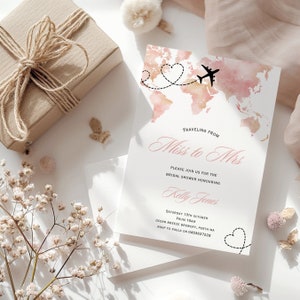 Viajando de la invitación a la despedida de soltera de Miss a Mrs, su mayor aventura hasta la fiesta de gallinas, invitación nupcial ruborizada, invitación alrededor del mundo