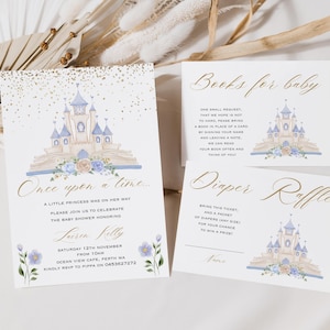 Prinzessin Babypartyeinladung, Prinzessin Bücher für Baby & Windel Verlosungskarte, Prinzessin Baby Dankeskarte, Prinzessin Schloss einladen