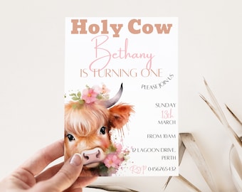 Editable Highland Cow Birthday Invitation Holy Cow Invitation Girls Birthday Invitation 1st Birthday Invitation Cow Invitation