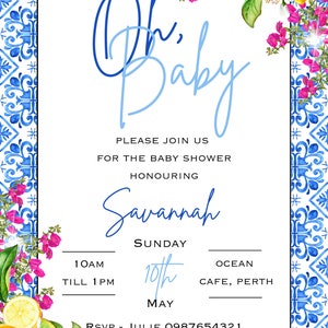 May include: A baby shower invitation with a blue and white tiled background. The invitation features a lemon and flower design with the text "Oh, Baby" in blue script. The invitation also includes the text "Please join us for the baby shower honouring Savannah Sunday 10th May 10AM till 1PM Ocean Cafe, Perth RSVP - Julie 0987654321".