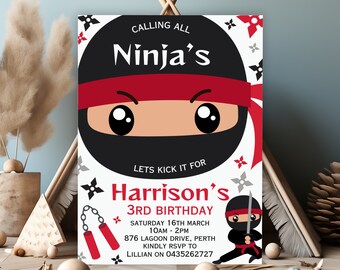 Ninja warrior's boy's birthday party invitation, Calling all Ninja warrior's invite template, Karate boys invitation, Martial arts invite