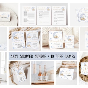 Pacchetto festa di invito per baby shower modificabile al settimo cielo Decorazioni stampabili per baby shower per ragazzo blu Invito per bambino con luna e stelle di orsacchiotto