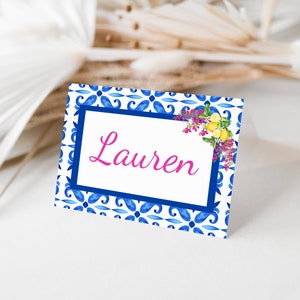 Editable Name place cards, bridal table name cards, hens party food labels, amalfi coast, lemons and blue Positano tile party templates, 004