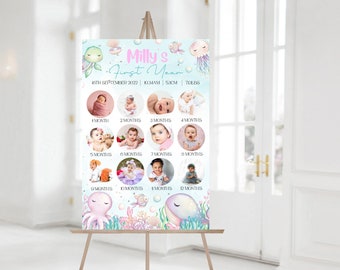 Editable Under the sea girls birthday party photo board, oneder the sea first birthday party milestone photo sign, 12 months photo board 007