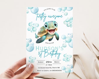 Editable Turtley Awesome Invitation, Turtle Birthday Invitation, Boys First Birthday Invite, Turtle Birthday Party, Sea Animal Birthday