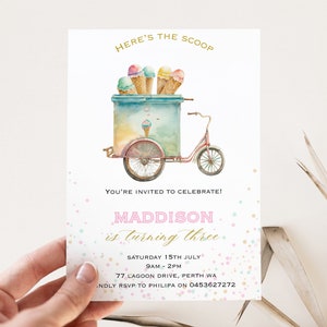 Editable icecream and sprinkles birthday party invitation, ice cream cart party invite, here's the scoop birthday party printables,