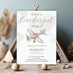 Invitation avion pour garçon, invitation Oh my combien le temps passe vite, invitation carte du monde, invitation What a Onederful world, premier anniversaire garçon
