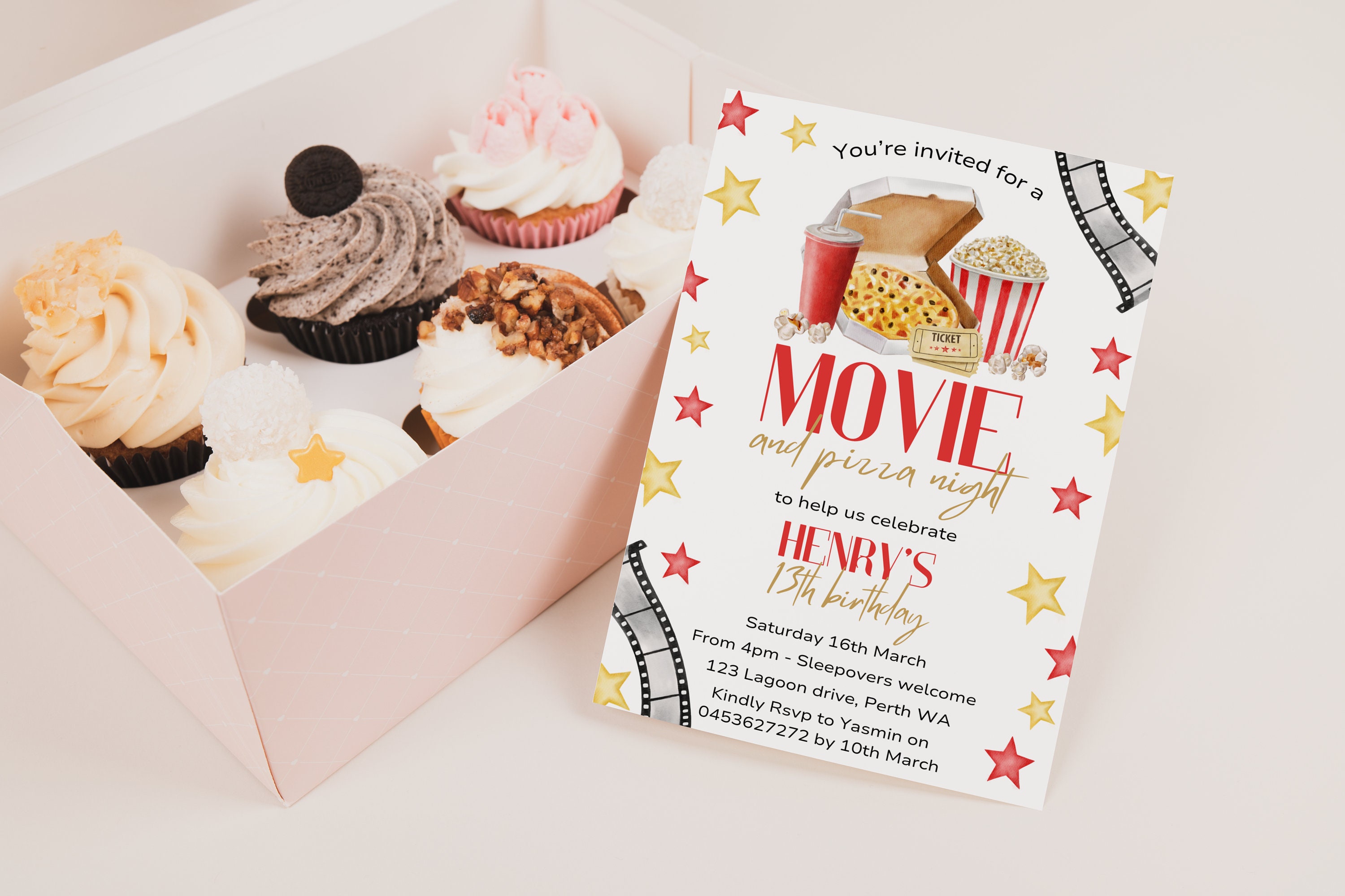 Pizza and Movie Night Birthday Party Invitation, Popcorn and Movie ...
