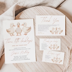 Uitnodigingssuite babyshower drieling, Eendenboeken voor baby en luierloterijkaart, babybedankkaart, genderneutrale drieling babyuitnodiging