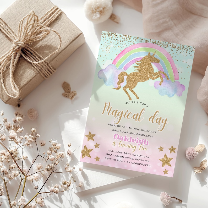 Editable Unicorns and Rainbows Birthday Party Invitation, a Magical Day ...