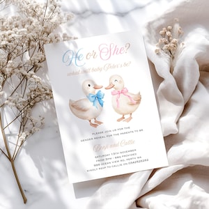 He or she gender reveal invitation, Duckling gender reveal party, Pink or blue baby shower, Boy or girl invitation, Our little duckling