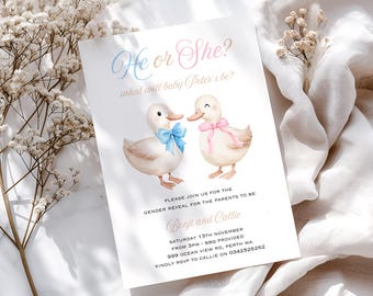He or she gender reveal invitation, Duckling gender reveal party, Pink or blue baby shower, Boy or girl invitation, Our little duckling