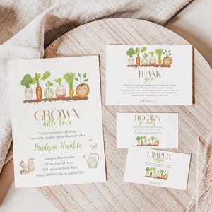 Mit Liebe gewachsenes Babypartybündel, Lokal gewachsene Einladungsreihe, Gemüse-Babyparty, geschlechtsneutrale Einladung, Bauernmarktparty