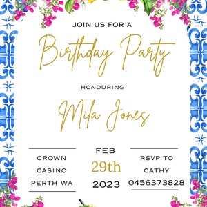 May include: A blue and white tiled border surrounds a gold invitation for a birthday party. The invitation is for Mila Jones's birthday party on February 29th, 2023 at the Crown Casino in Perth, Western Australia. The RSVP number is 0456373828.