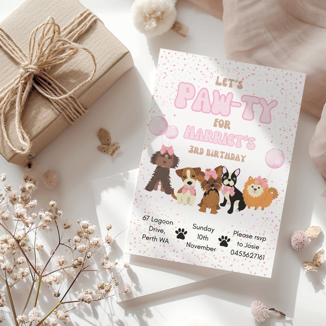 Editable Lets Pawty Birthday Invitation Girls Puppy Dog Invite Calling ...