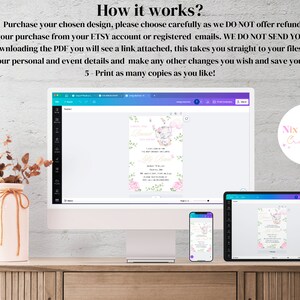 May include: A computer screen displaying a pink and green floral design for a printable invitation. The text on the screen reads "How it works?" and lists steps for downloading and editing the design in Canva. The screen is on a desk with a vase of dried flowers.