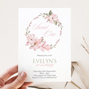 Bearbeitbare Sweet One-Geburtstagseinladung, rosa Magnolien-Party einladen, hübsche Blumenmädchen-Partyeinladung, Mädchen zum ersten Geburtstag einladen
