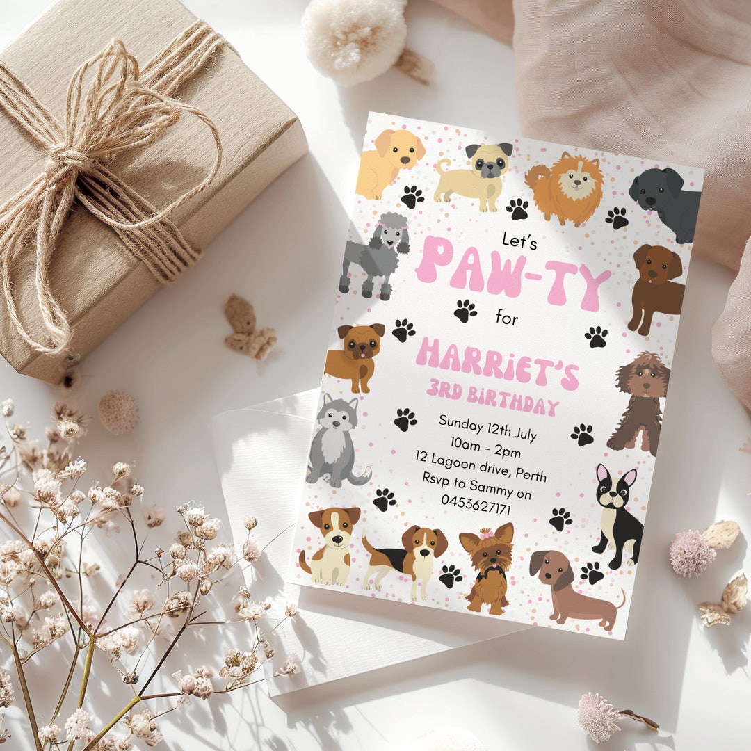 Editable Lets Pawty Birthday Invitation Girls Puppy Dog Invite Calling ...