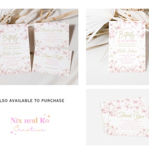 May include: A set of four printable baby shower invitations with a pink and gold butterfly theme. The invitations feature a watercolor floral design with gold glitter accents. The text on the invitations reads "Our Little Butterfly is on her way".