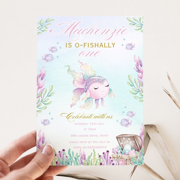 O-fishally one birthday party invitation, our little fishy party, little girls party templates, under the sea mermaid party printables, 003