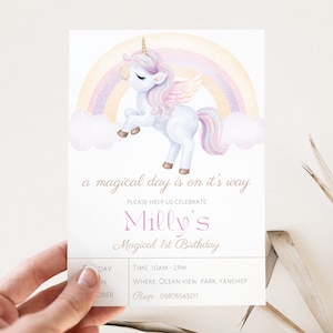 Unicorn and rainbow magical first birthday invitation, Pastel unicorn invite,  Girl&#39;s first birthday unicorn party, Rainbow party invite
