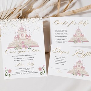 Prinzessin Babypartyeinladung Reihe, Prinzessin Bücher für Baby und Windel Verlosungskarte, Prinzessin Baby Dankeskarte, Prinzessin Schloss laden ein