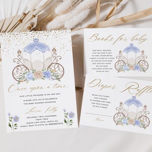 Zestaw zaproszeń na baby shower dla księżniczek, Książki dla księżniczek dla niemowląt i karta losowania pieluszek, Karta z podziękowaniami dla księżniczki, Zaproszenie na karetę dla księżniczek