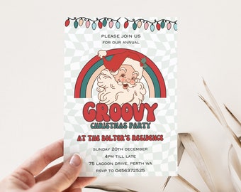 Könnte beinhalten: Eine Weihnachtsfeier-Einladung im Retro-Stil mit einem Comic-Weihnachtsmann, der einen roten Hut und einen weißen Bart trägt. Die Einladung zeigt einen Regenbogen und den Text "Groovy Christmas Party at the Bolter's Residence". Die Einladung enthält auch Datum, Uhrzeit, Adresse und RSVP-Informationen.