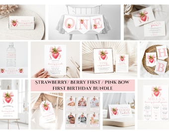 Strawberry first birthday party bundle, Pink bow invite, Berry first party template's, Strawberry party, Coquette pink bow invitation 022