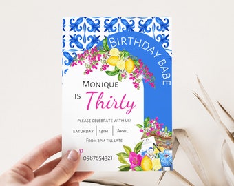 Editable Birthday Babe Invitation Amalfi coast Invite Lemon Invitation Blue Positano Tile Invite 30th Invitation Italian coast Invite, 004