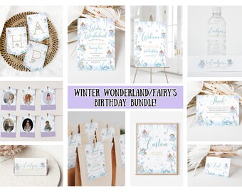 Editable winter wonderland birthday bundle, snow fairy girl's birthday party bundle, winter onederland party printables, winter party, 001