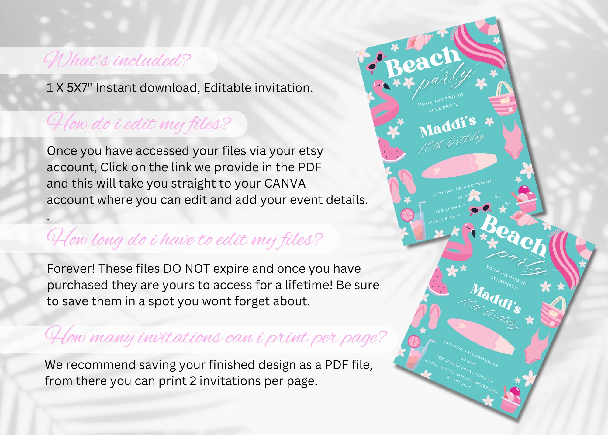 Beach Party Birthday Party Invitation, Summer Party Invite, Girl's 10th ...