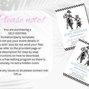 May include: A black and white printable baby shower invitation featuring a motocross rider and a child on a motorcycle. The text on the invitation reads "Please join us for the Baby Shower honoring the parents to be Jesh and Amelia".