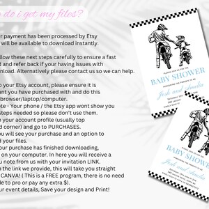 May include: Black and white printable baby shower invitation featuring a father and son riding dirt bikes. The invitation text reads "Please join us for the Baby Shower honoring the parents to be Jesh and Amelia".