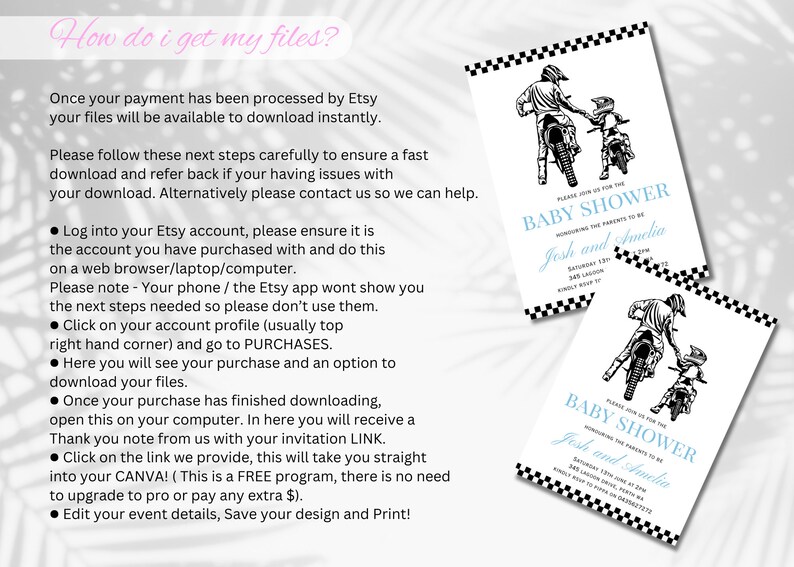 May include: Black and white printable baby shower invitation featuring a father and son riding dirt bikes. The invitation text reads "Please join us for the Baby Shower honoring the parents to be Jesh and Amelia".