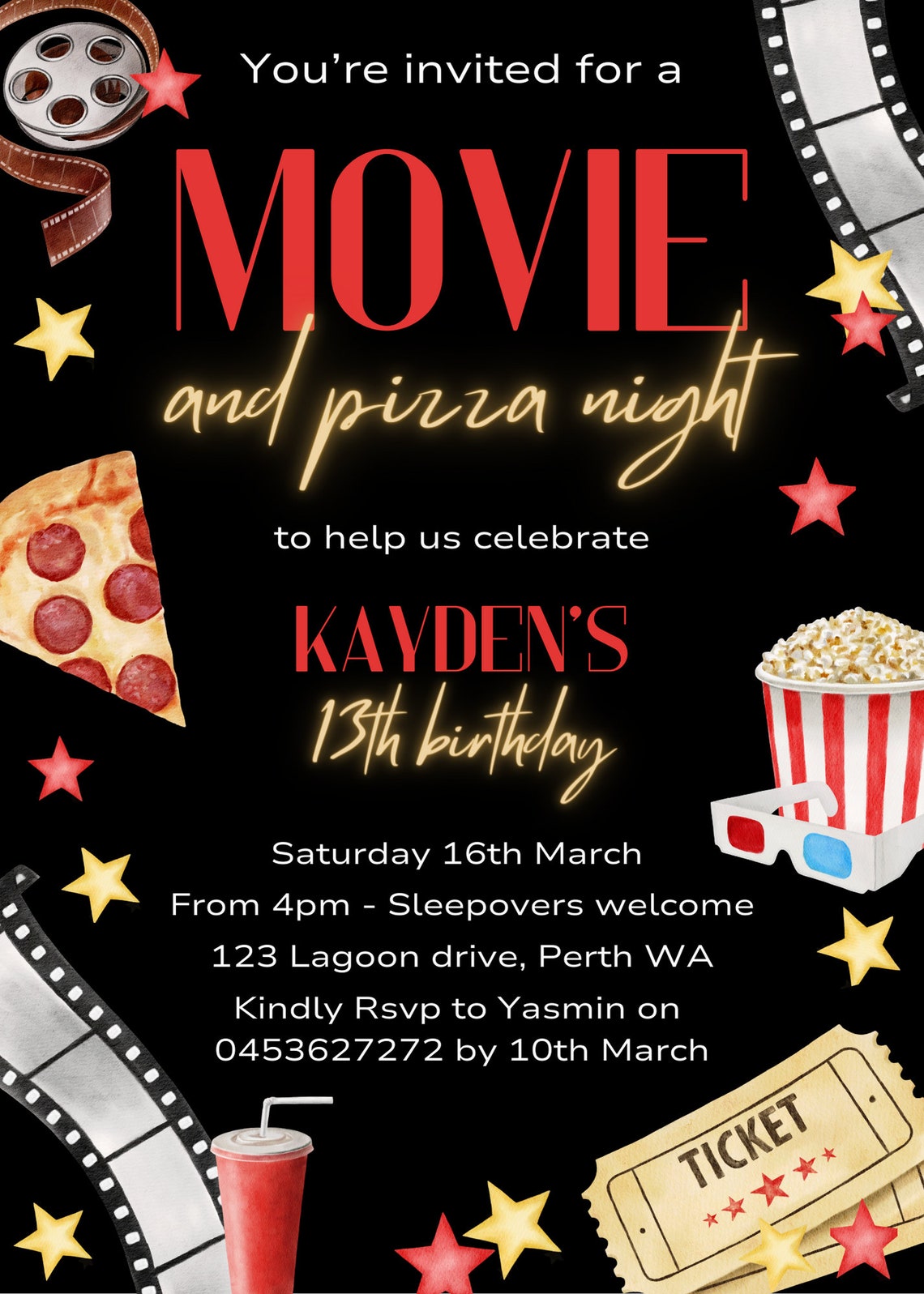 Pizza and Movie Night Birthday Party Invitation, Popcorn and Movie ...