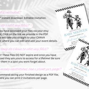 May include: Editable 5x7 inch baby shower invitation featuring a black and white illustration of two people riding dirt bikes. The text on the invitation reads "Please join us for the Baby Shower honoring the parents to be Josh and Amelia".