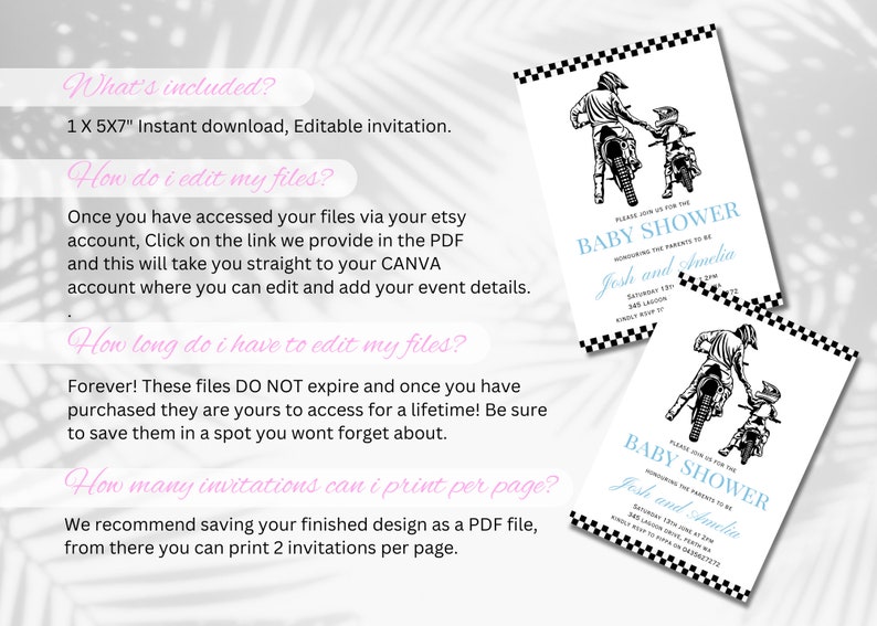 May include: Editable 5x7 inch baby shower invitation featuring a black and white illustration of two people riding dirt bikes. The text on the invitation reads "Please join us for the Baby Shower honoring the parents to be Josh and Amelia".